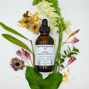 "Herbal Bath and Body Oil" bottle with leaves and flowers around it.