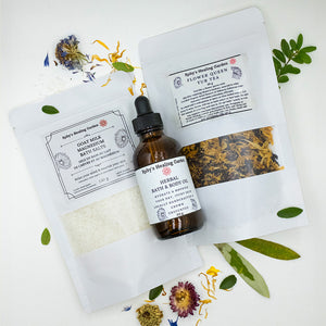 A 3-pack of products, inlcuding "Goat Milk Magnesium Bath Salts", "Herbal Bath and Body Oil" and "Flower Queen Tub Tea".